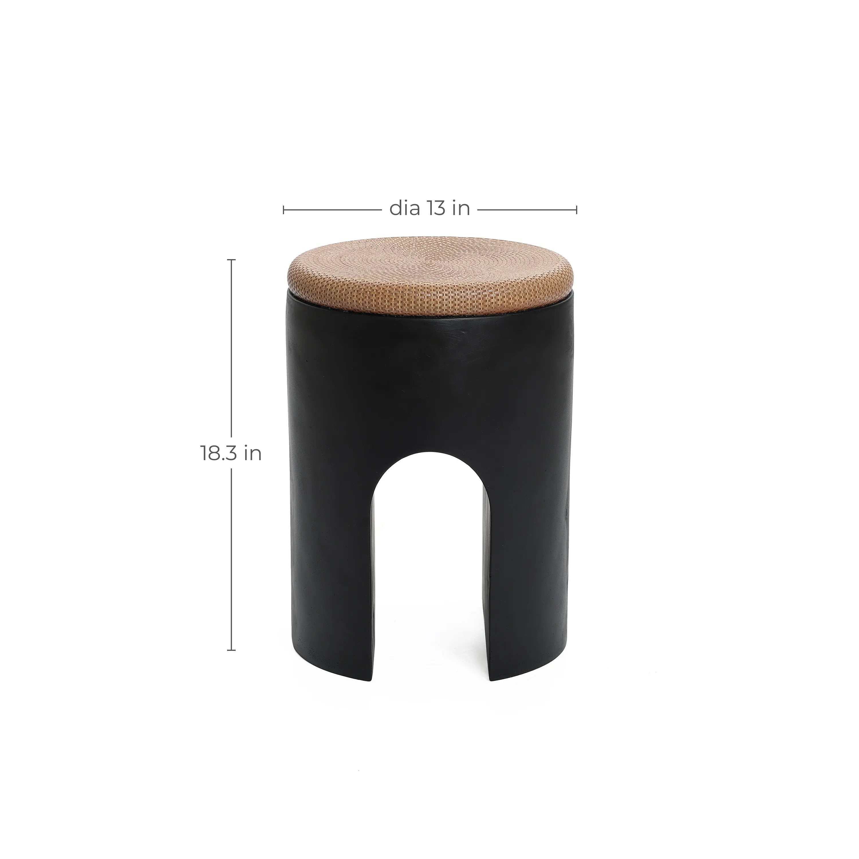 Black with Natural Rattan Finish Cement U-Shaped Base Outdoor Patio Side Table - LuxenHome