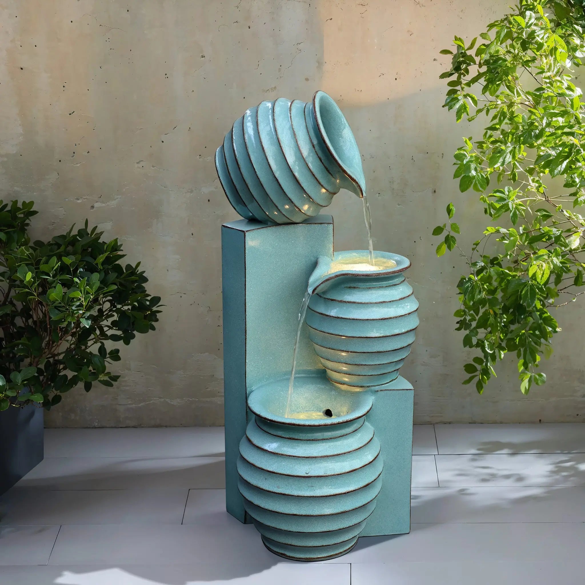 Aqua Blue 3-Tier Bowls Polyresin Outdoor Water Fountain with Lights - LuxenHome