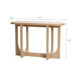 The Lorean console table by LuxenHome features a minimalist design with an oval top and curved supports in a natural wood finish. Its dimensions of 47.2 W x 13.8 D x 29.5 H make it a sleek addition to any space.