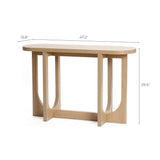 The Lorean console table by LuxenHome features a minimalist design with an oval top and curved supports in a natural wood finish. Its dimensions of 47.2 W x 13.8 D x 29.5 H make it a sleek addition to any space.
