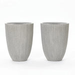 Two tall, gray, weather-resistant planters with a textured finish are placed side by side against a white background.