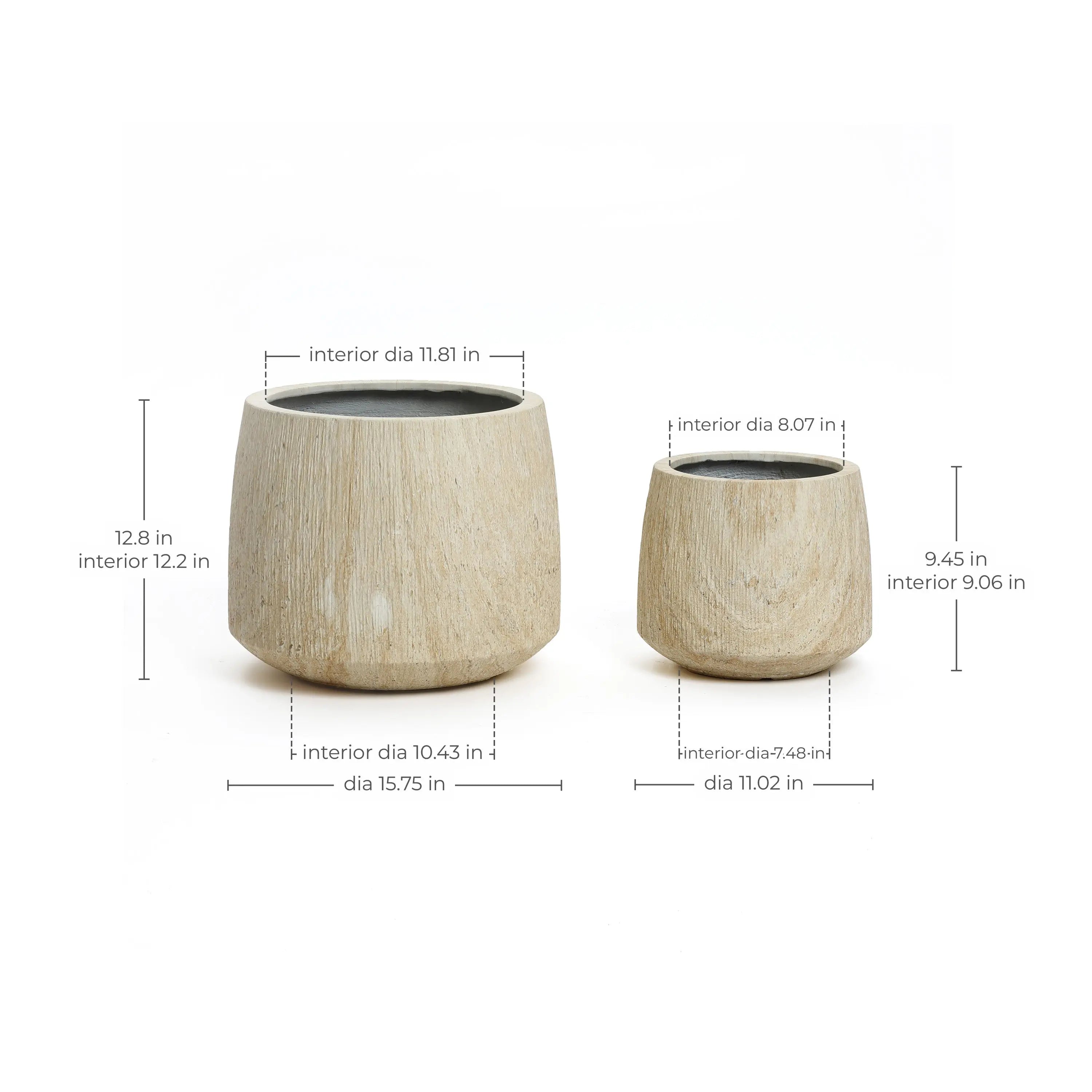Discover our exquisite set of marble brown planters designed for both indoor and outdoor elegance. The larger planter stands at 12.8 inches high with a 12.2-inch interior, while the smaller measures 9.45 inches in height and boasts a ribbed texture for added sophistication.