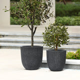 Two minimalist design planters in textured dark gray containers grace an outdoor patio near the steps.