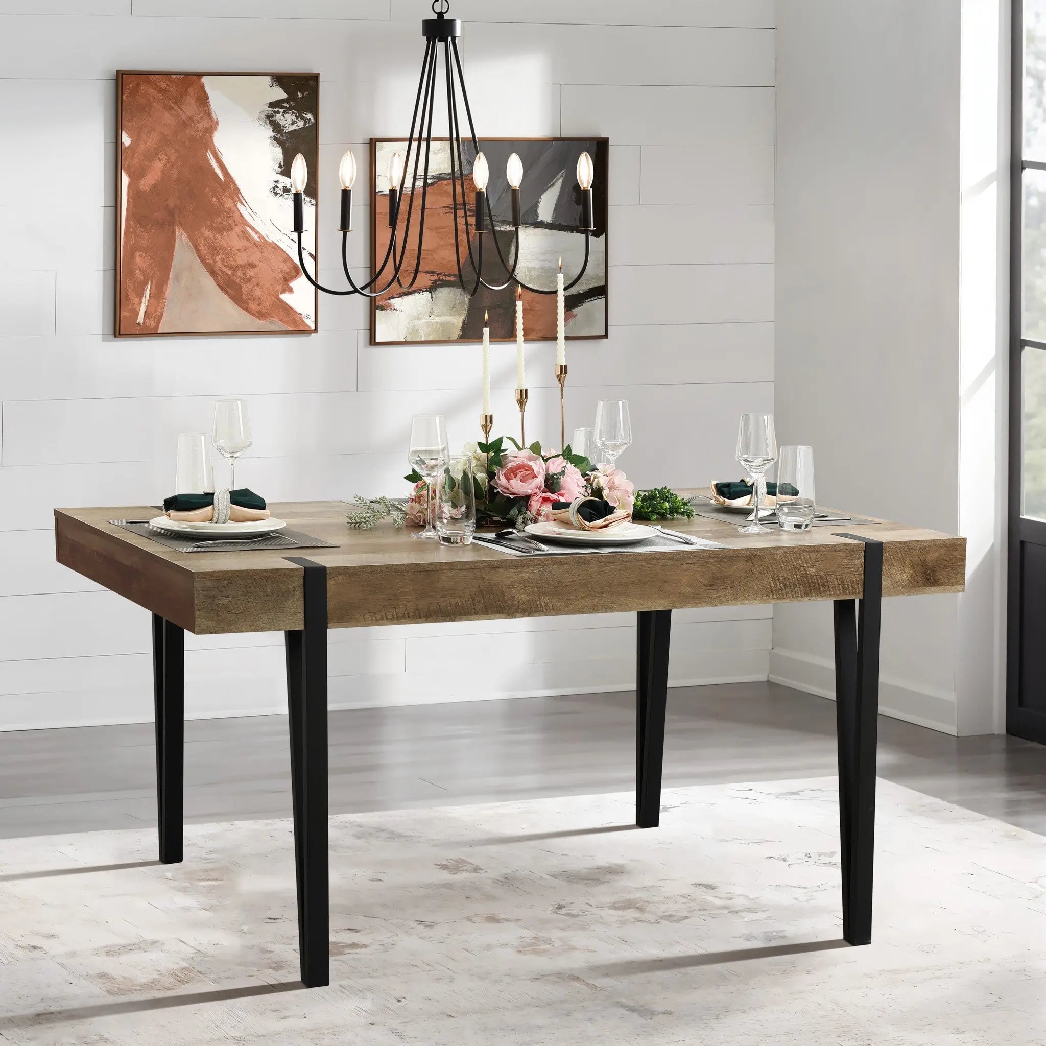 Oak Finish MDF Wood Black Metal Dining Table - LuxenHome