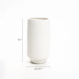 A tall, white terracotta vase with dimensions labeled: height 16.1 inches, diameter 8.7 inches, stands elegantly against a plain white background.