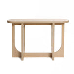 The Lorean console table by LuxenHome features a natural wood finish with an oval top and a distinctive base of two vertical panels joined by curved supports, epitomizing minimalist design and contemporary elegance.