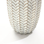 The LuxenHome Modern Geometric Pattern Resin Tall Vase, 17 h, features a hand-painted textured pattern of overlapping white leaves with beige borders in a herringbone design on a light background. The photo shows this geometric leaf pattern against a plain white backdrop for an antique effect.