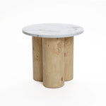 Burl wood finish round end/side table with faux marble top - LuxenHome
