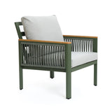 A green outdoor loveseat sofa features a durable aluminum alloy frame, adorned with light gray plush cushions and rope detailing on the sides, set against a white background.