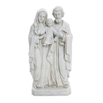 A white, marble-like polyresin statue depicts a man and woman holding a child between them, standing gracefully on a rectangular base. This Holy Family statue embodies elegant religious decor for any space.