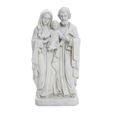 A white, marble-like polyresin statue depicts a man and woman holding a child between them, standing gracefully on a rectangular base. This Holy Family statue embodies elegant religious decor for any space.