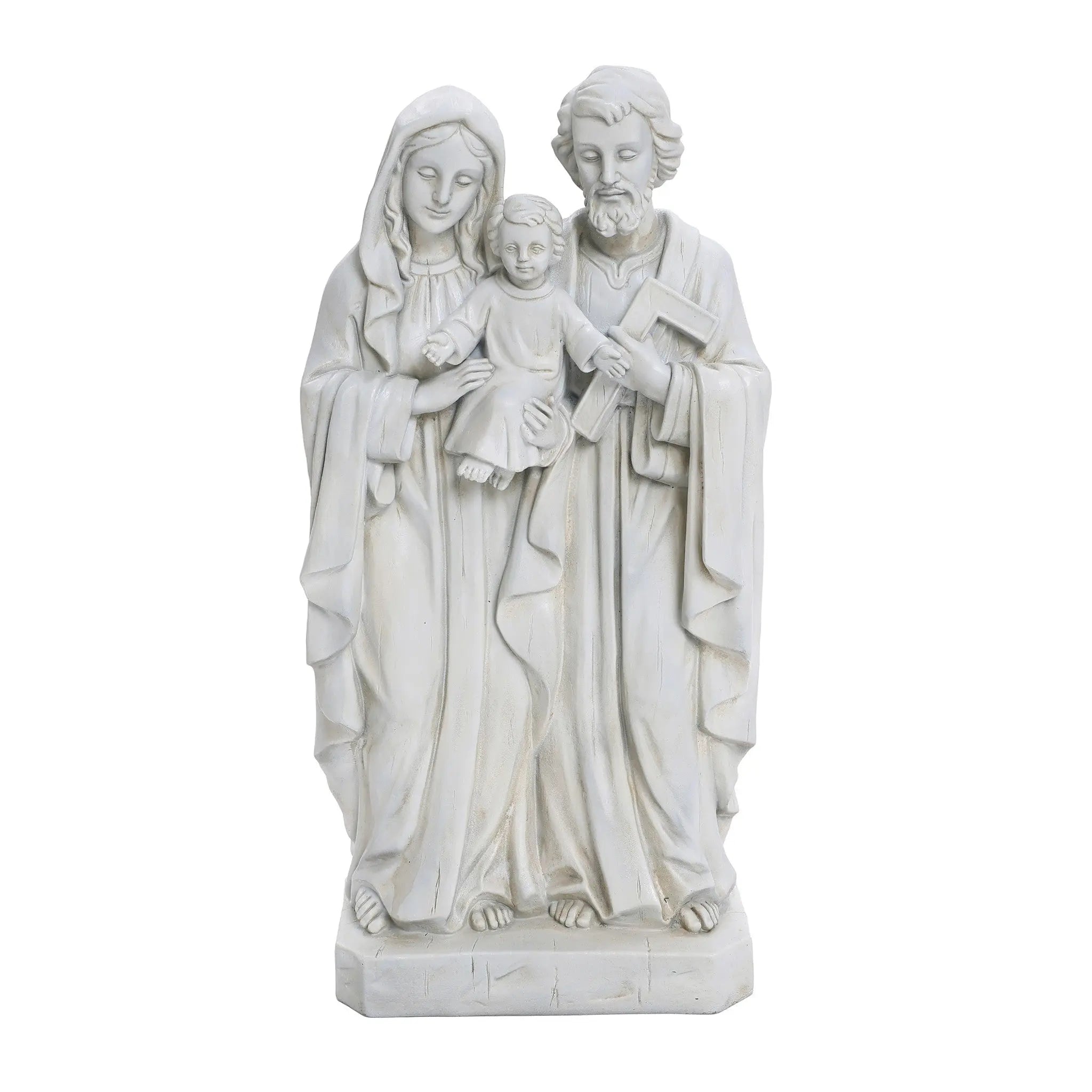 A white, marble-like polyresin statue depicts a man and woman holding a child between them, standing gracefully on a rectangular base. This Holy Family statue embodies elegant religious decor for any space.