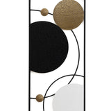 This modern abstract wall decor showcases interlocking circles in black, white, and gold with crackled textures. Set against a white backdrop with circular accents, its available as a stunning two-piece set.