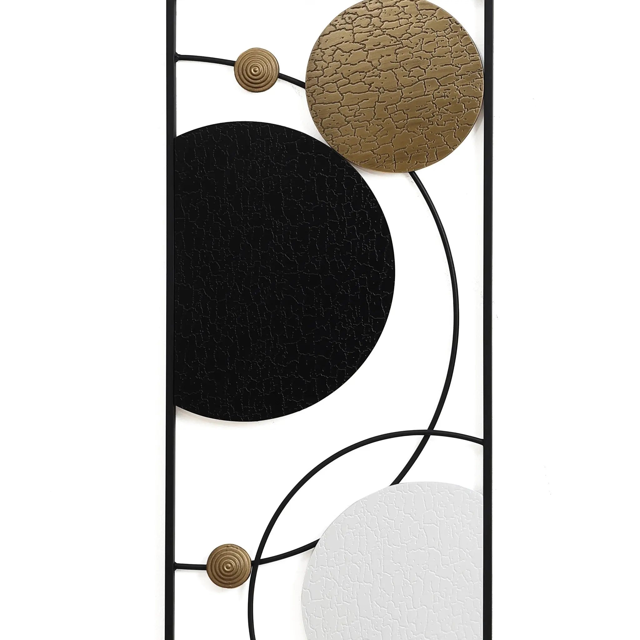 This modern abstract wall decor showcases interlocking circles in black, white, and gold with crackled textures. Set against a white backdrop with circular accents, its available as a stunning two-piece set.