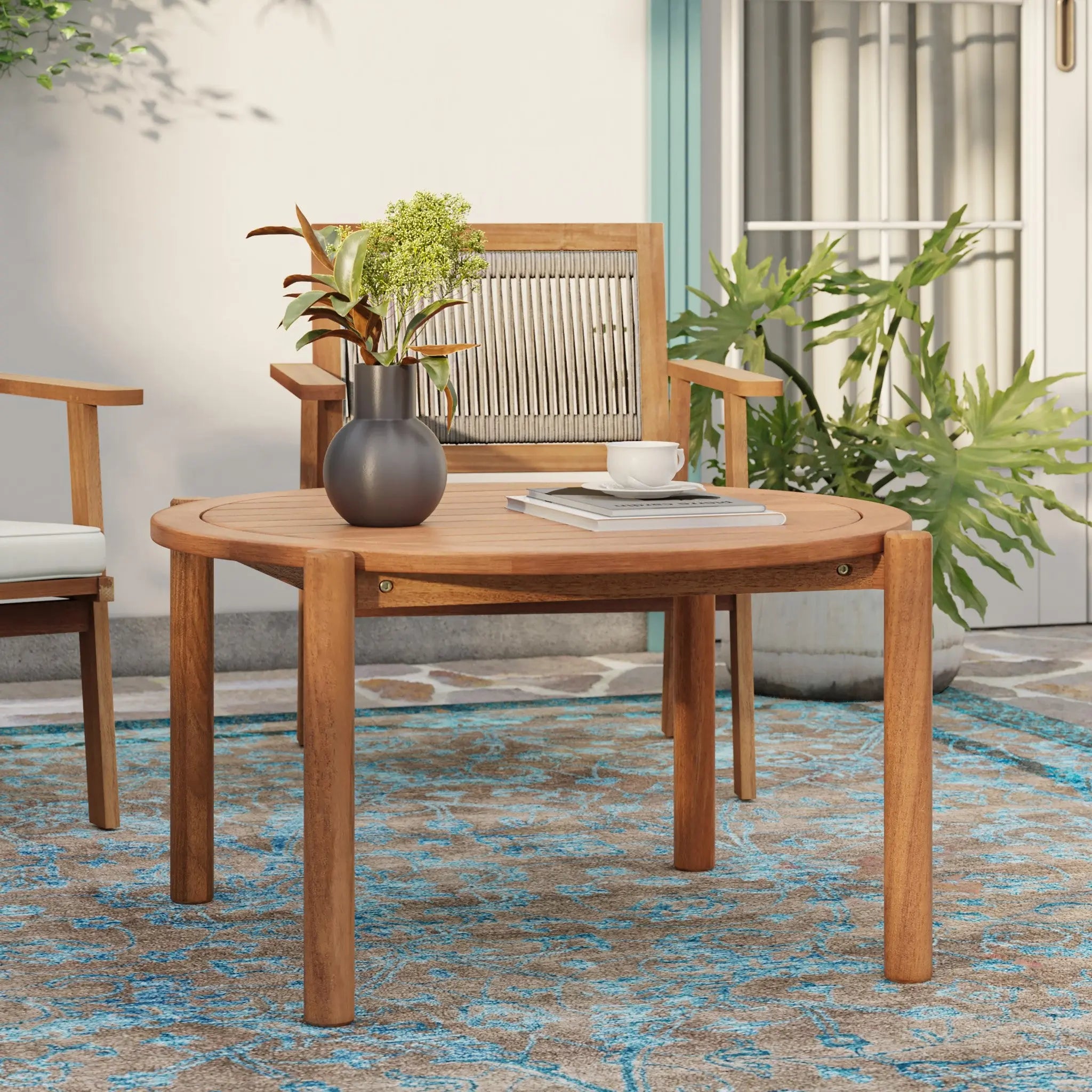 Round Outdoor Coffee Table with Solid Wood Slatted Top for Patio