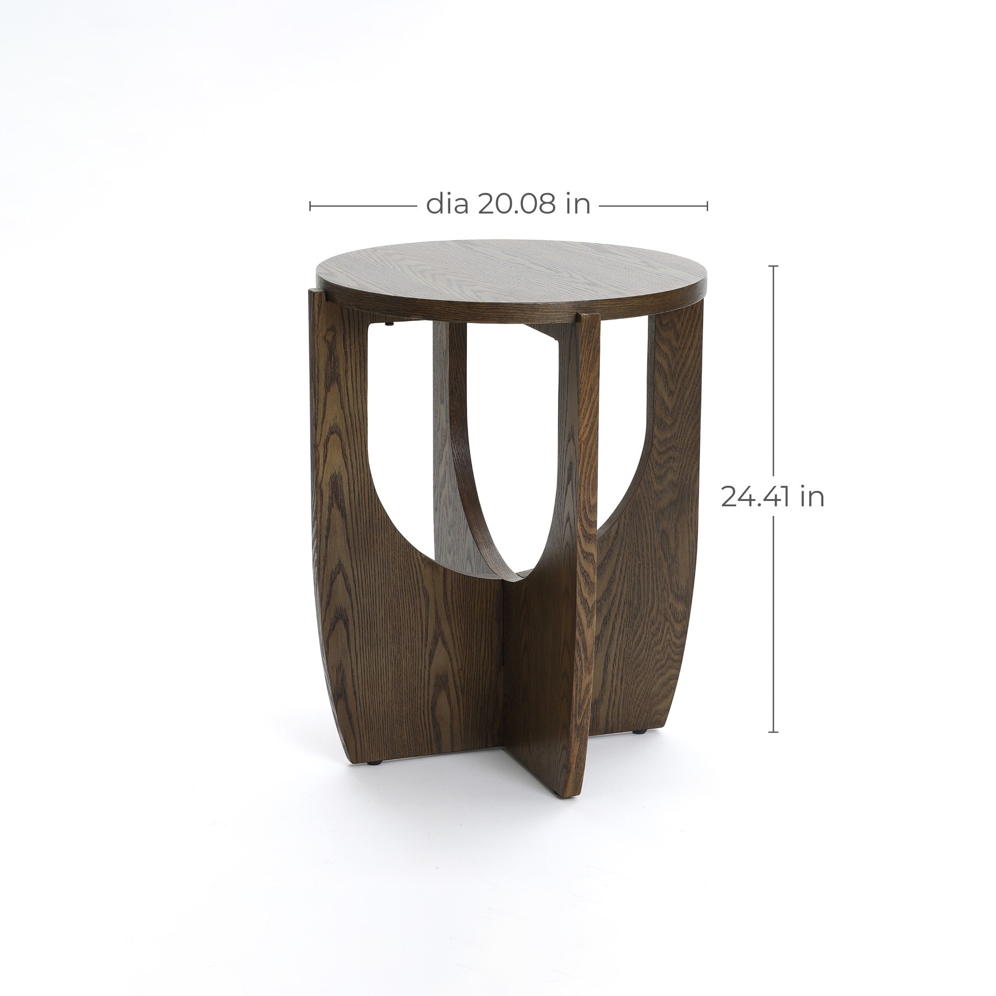 A mid-century modern side table featuring a round design with a diameter of 20.08 inches and a height of 24.41 inches, crafted with walnut veneer for an elegant touch.