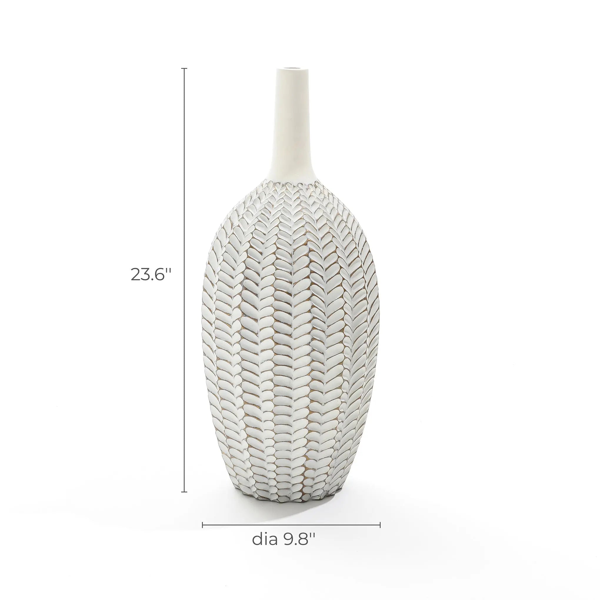 The LuxenHome trumpet vase features a modern geometric pattern with an antique effect. Its crafted from resin, standing at 23.5 inches tall and elegantly blends classic charm with contemporary design in a neutral palette.