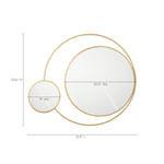 This wall mirror exudes modern elegance with its stunning design. Featuring two circular mirrors framed in gold, one measures 9 inches and the other 20.5 inches in diameter, connected to create a striking piece thats 25.6 inches high and 31.5 inches long.