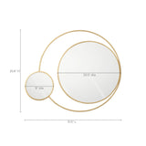 This wall mirror exudes modern elegance with its stunning design. Featuring two circular mirrors framed in gold, one measures 9 inches and the other 20.5 inches in diameter, connected to create a striking piece thats 25.6 inches high and 31.5 inches long.