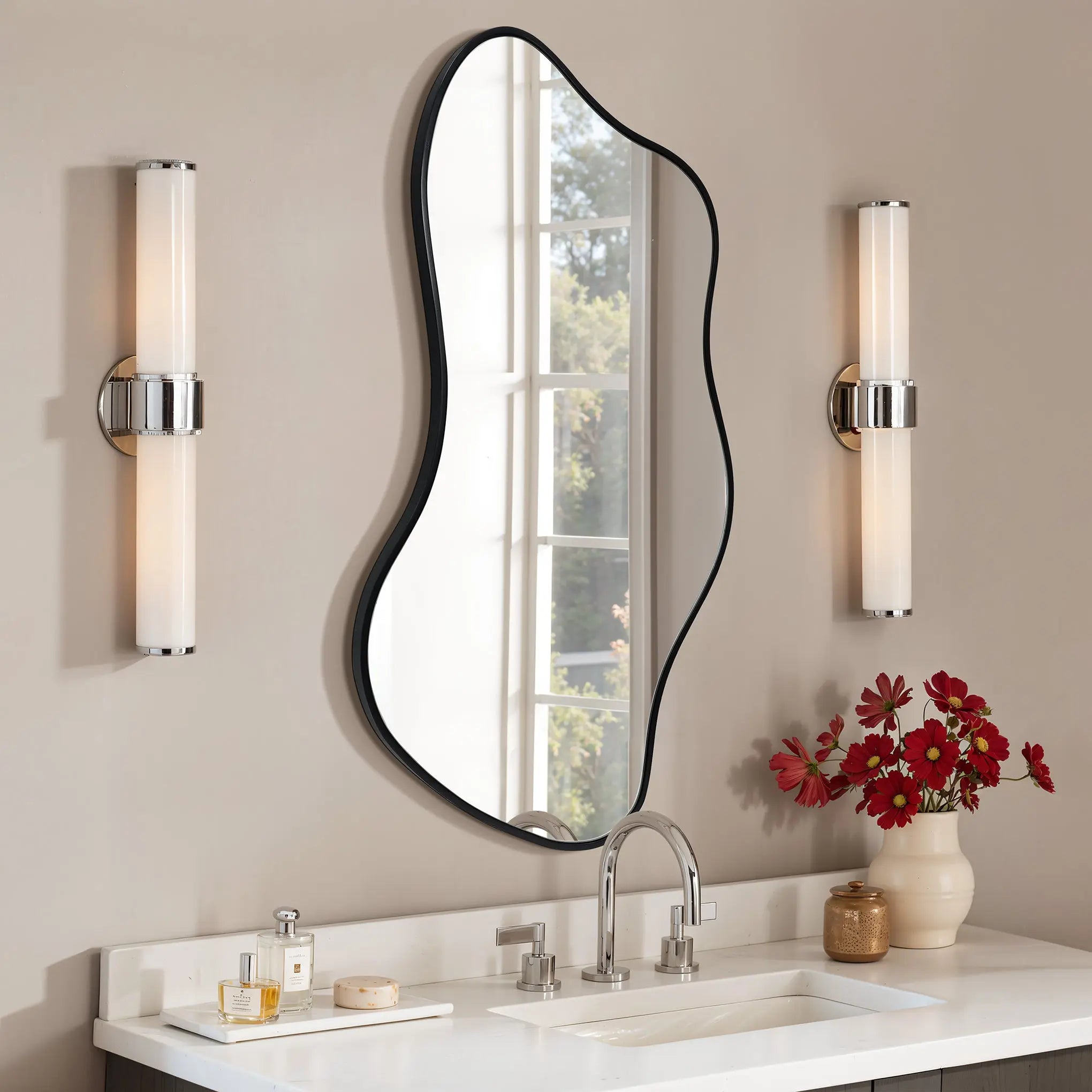 The essence of modern minimalism shines in the bathroom, featuring an asymmetrical mirror with a sleek black frame. Two vertical lights illuminate the white countertop, paired with a sink and metal faucet. A vase of red flowers adds a touch of color to the window-side toiletries.