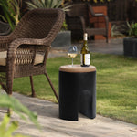Black with Natural Rattan Finish Cement U-Shaped Base Outdoor Patio Side Table - LuxenHome