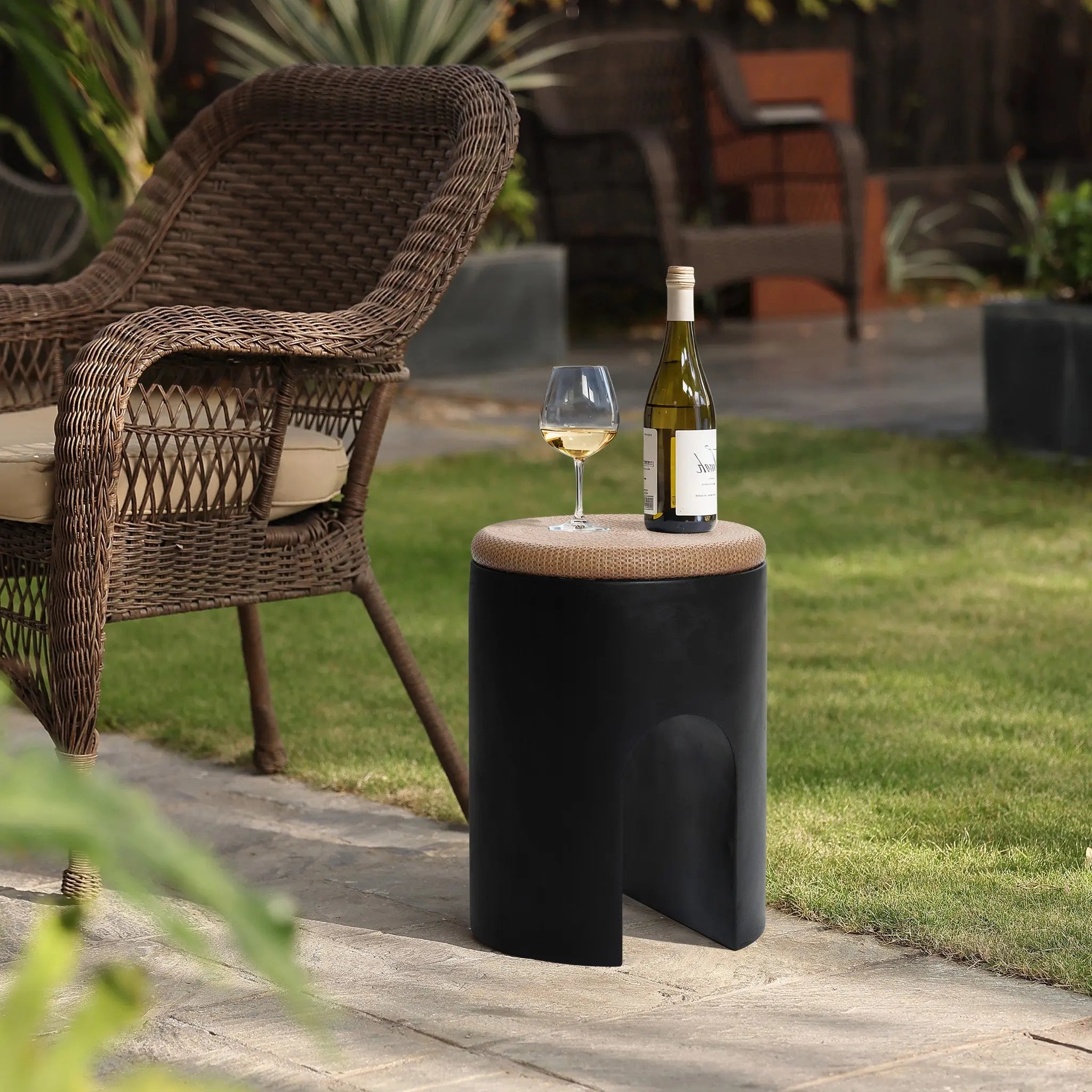 Black with Natural Rattan Finish Cement U-Shaped Base Outdoor Patio Side Table - LuxenHome