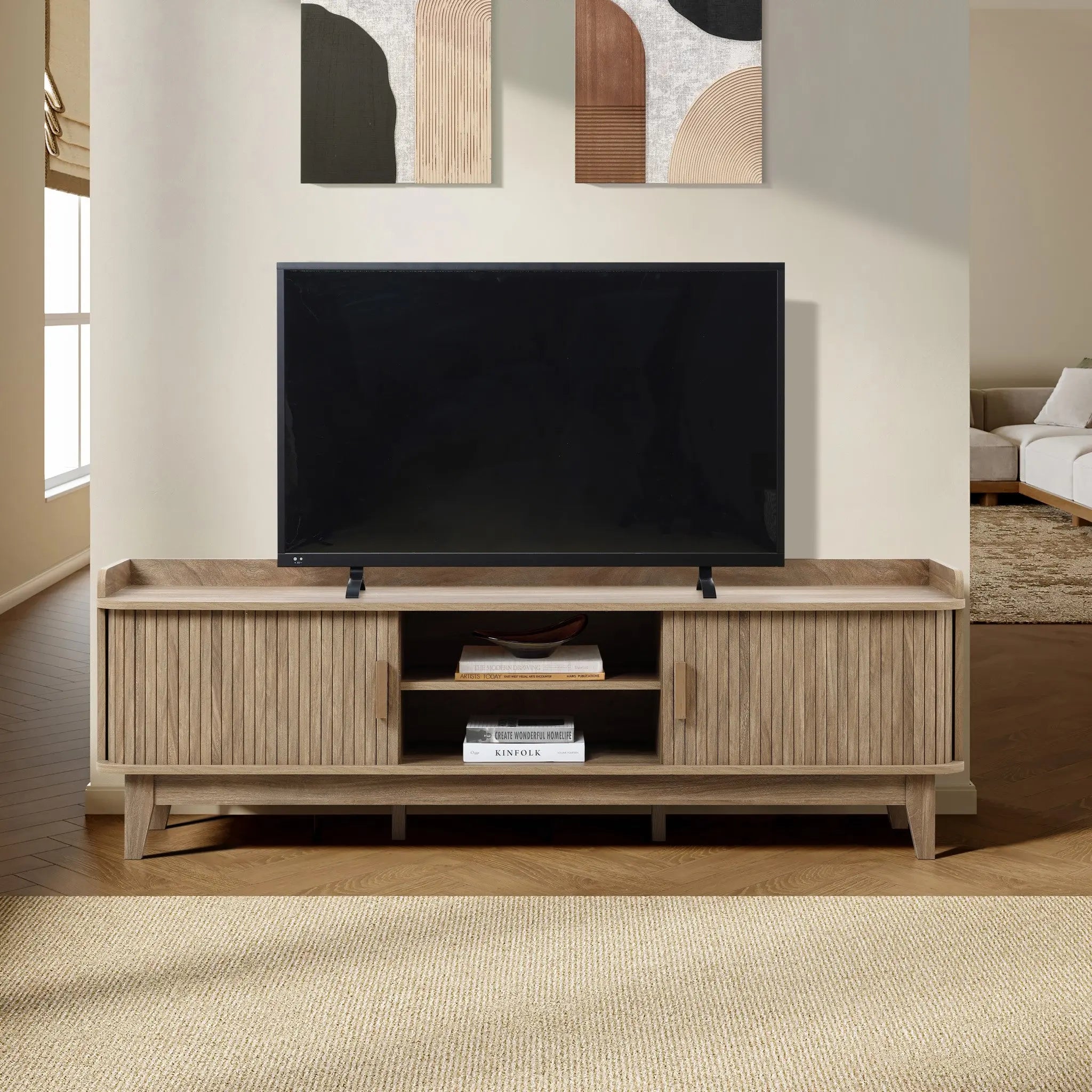 Mid-Century Modern Tambour-Style 2-Door 63-Inch Wide TV Stand with Tray Top, Oak - LuxenHome