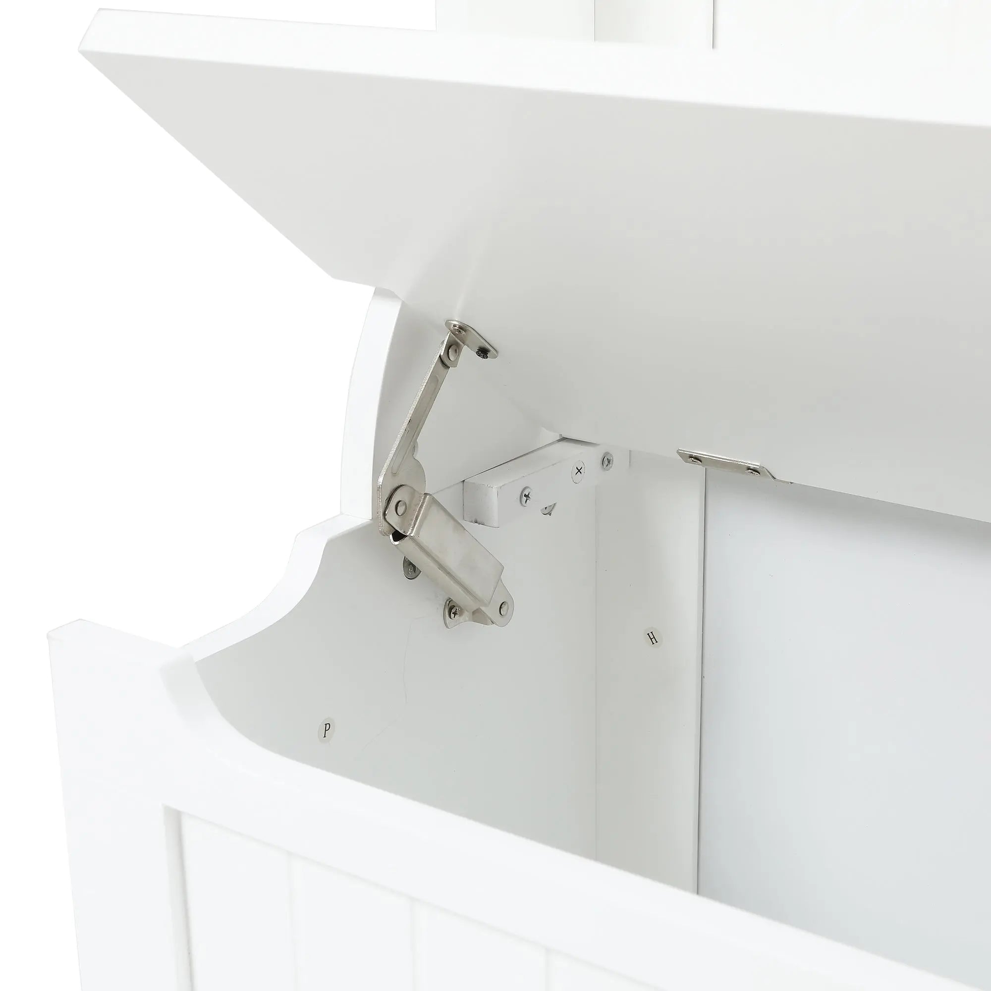 Close-up of a white storage bench with its lid open, revealing the metal hinge mechanism attached to the side panel—a stylish addition to any hall tree or coat rack setup.