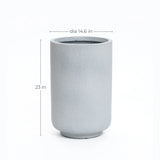 This tall, cylindrical weather-resistant planter, finished in a sleek grey tone, features a diameter of 14.6 inches and stands 23 inches high—perfect for modern minimalist decor.