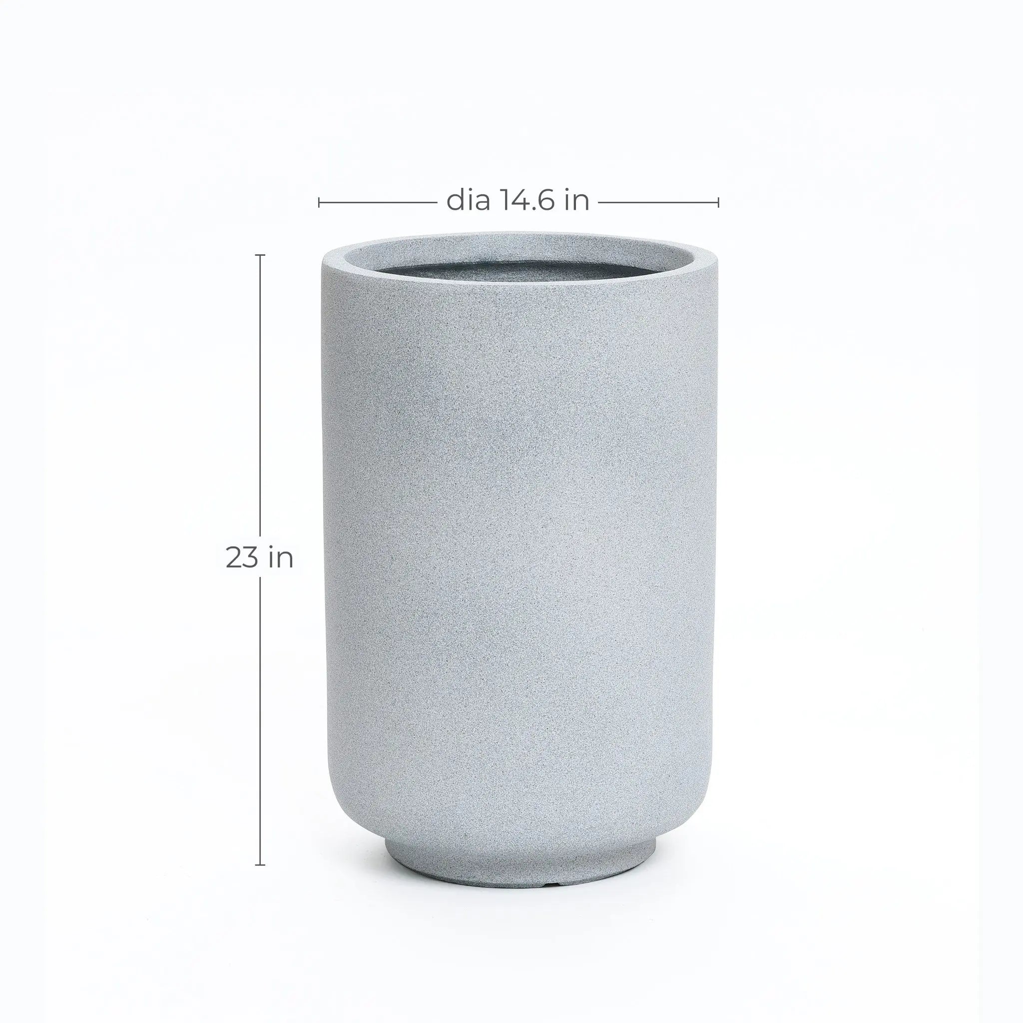 This tall, cylindrical weather-resistant planter, finished in a sleek grey tone, features a diameter of 14.6 inches and stands 23 inches high—perfect for modern minimalist decor.