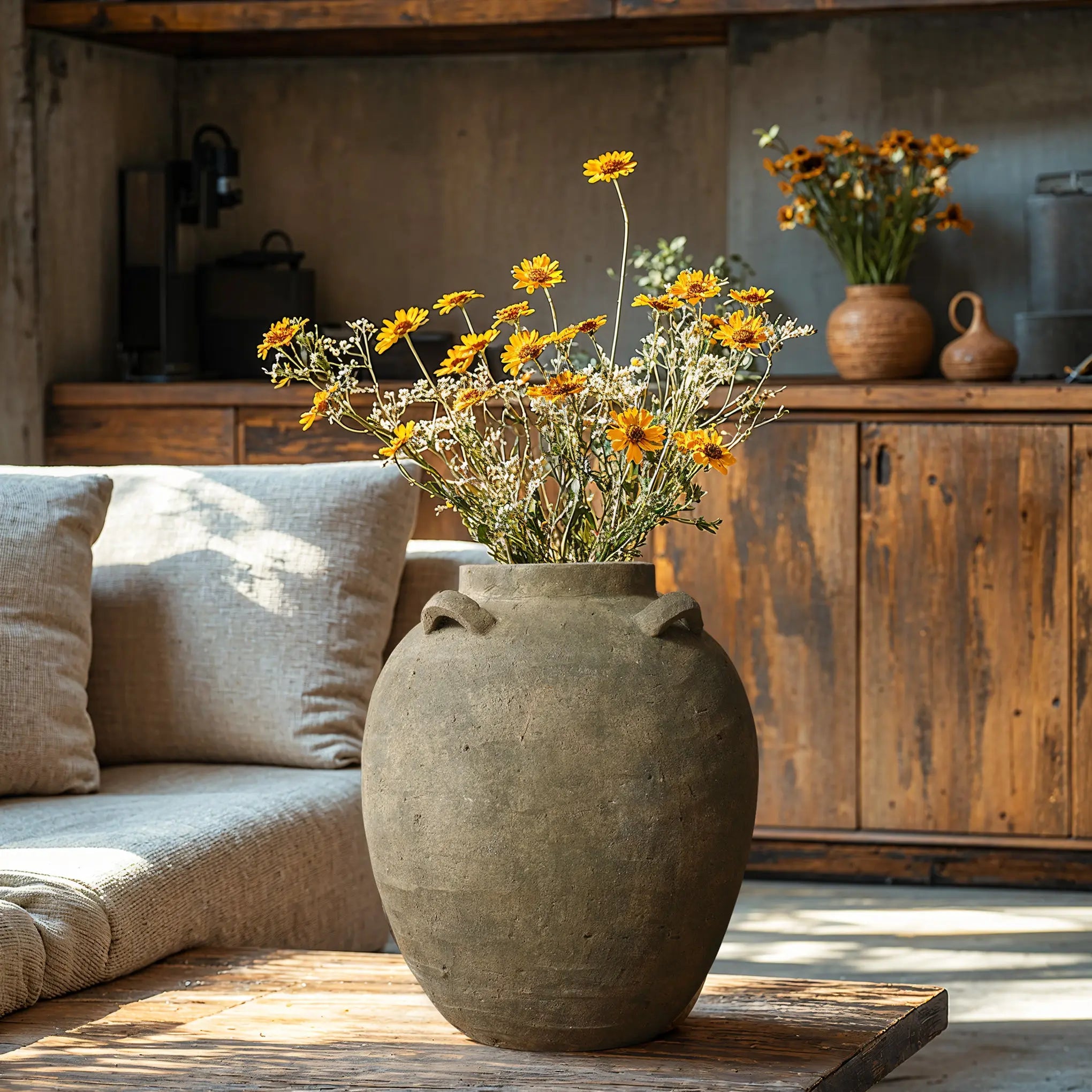 LuxenHome 15.4 in. Rustic Brown Terracotta Cauldron Vase