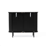 The Aria 2-door tambour accent cabinet by LuxenHome features a sleek black finish, minimalist tambour doors, and sleek handles. It stands on four sturdy legs with a curved edge design, offering a contemporary look inspired by mid-century modern style.