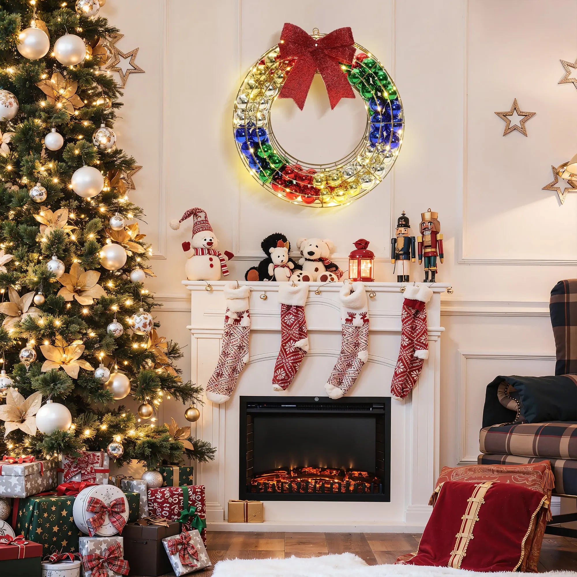 A decorated Christmas living room with a lit fireplace, stockings, an LED-lit holiday wreath, a tree adorned with lights and ornaments, and wrapped gifts.