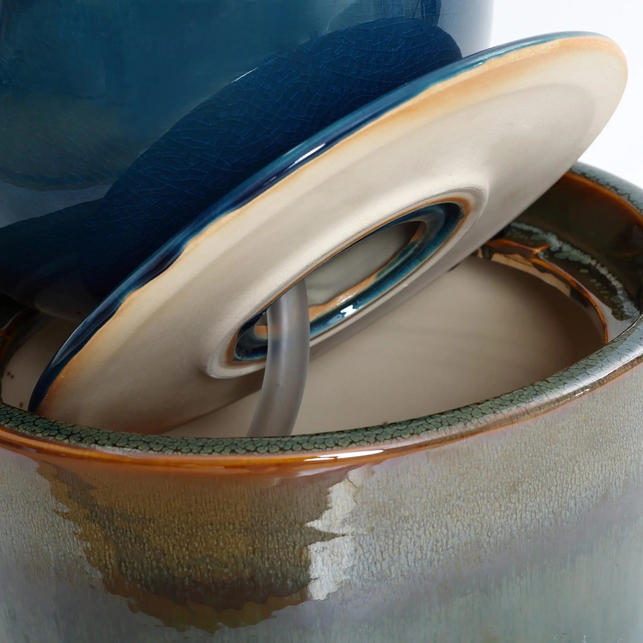 Glazed Blue and Brown Duo-Tone Sphere on Round Pillar Bubbler Ceramic Water Fountain - LuxenHome