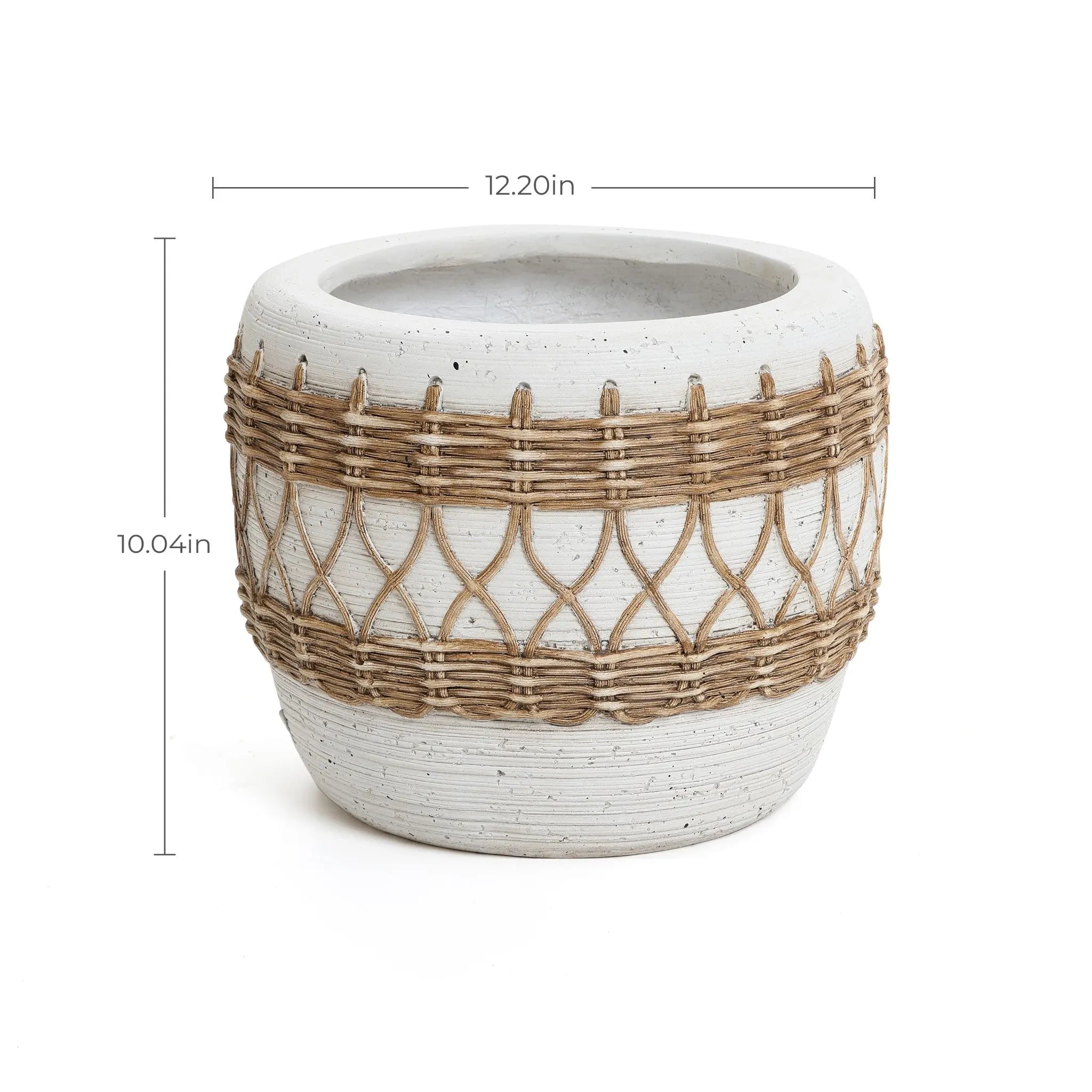 A white ceramic planter in bohemian style features brown woven rope detailing, measuring 12.20 inches in diameter and 10.04 inches in height.