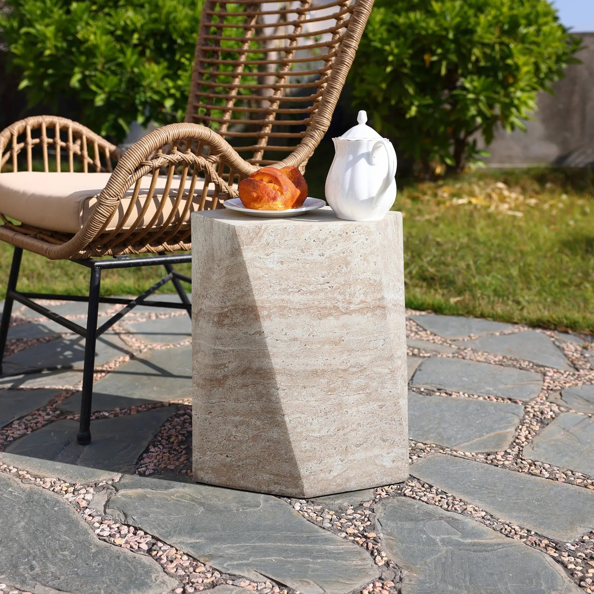 Travertine-Style Irregular Textured MgO Side Table - LuxenHome