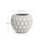 The LuxenHome White and Beige Planter is a round ceramic pot with a geometric design, featuring vertical lines forming a striking hexagonal pattern. It measures 14.17 in diameter and 11.81 in height, blending style and function seamlessly.