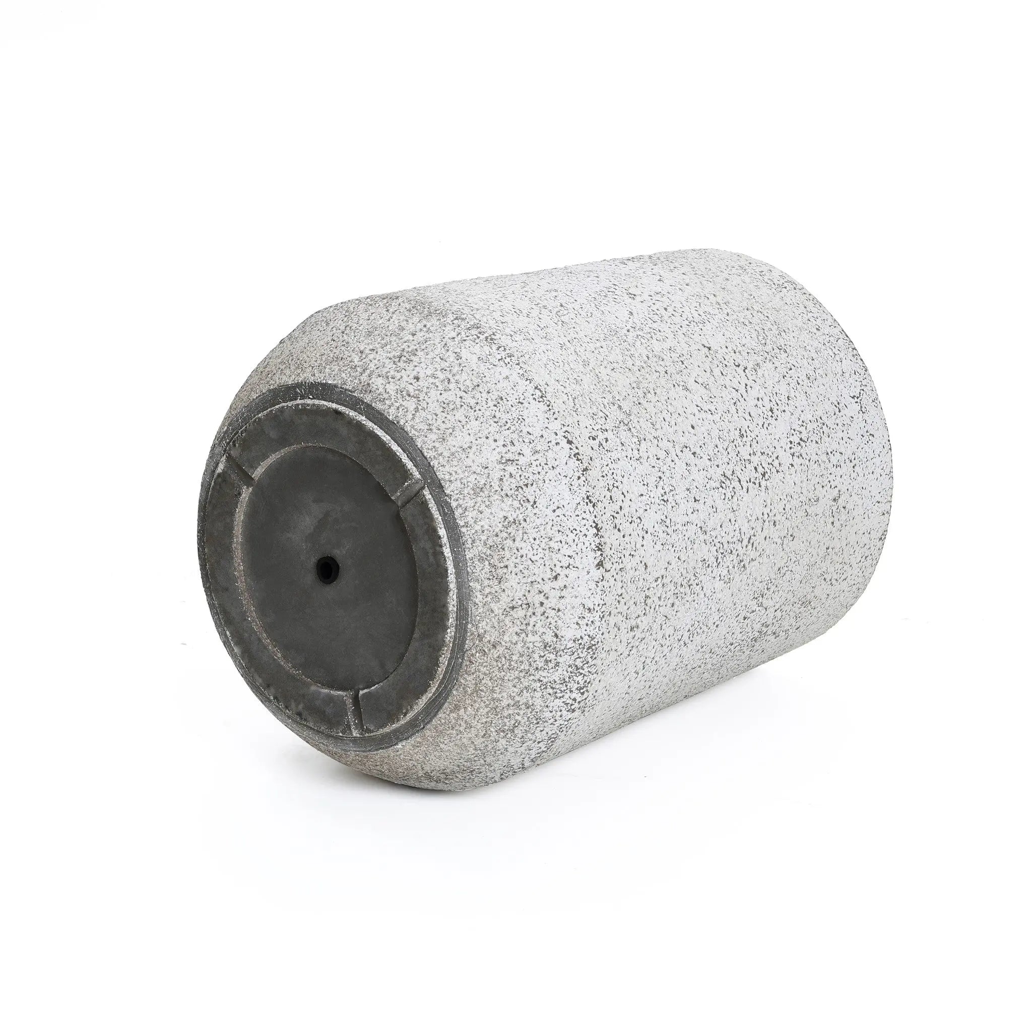 A modern design featuring a gray and white speckled texture, this cylindrical object boasts a flat black base. Displayed on a pristine white background, its lightweight yet durable, showcasing the craftsmanship of an MgO planter.