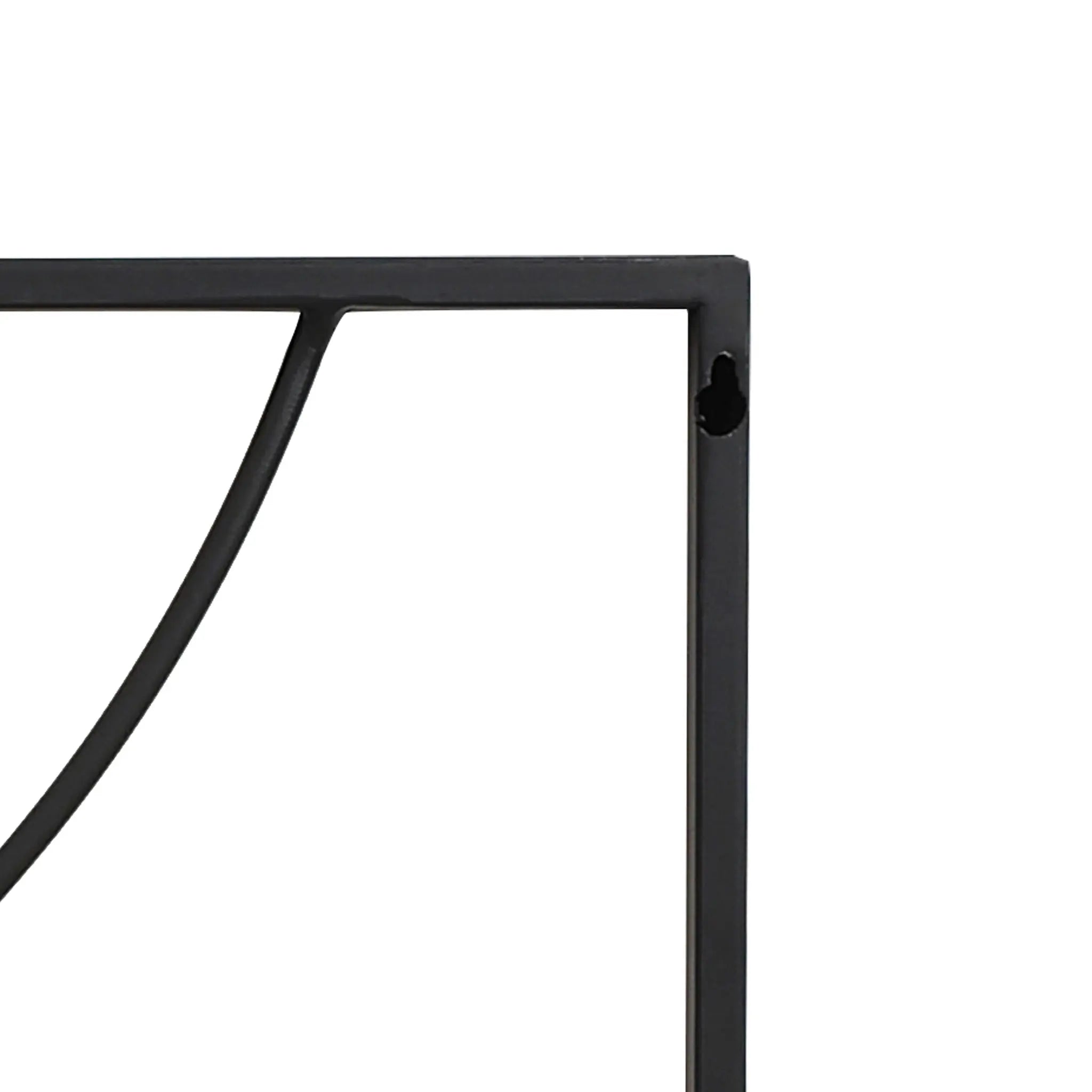 Close-up of a black metal frame with a right angle and curved element, capturing the essence of modern abstract wall decor against a stark white background.