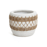 White cylindrical planter crafted from magnesium oxide, featuring a raised texture with a woven brown pattern around the center, exuding Bohemian style charm.
