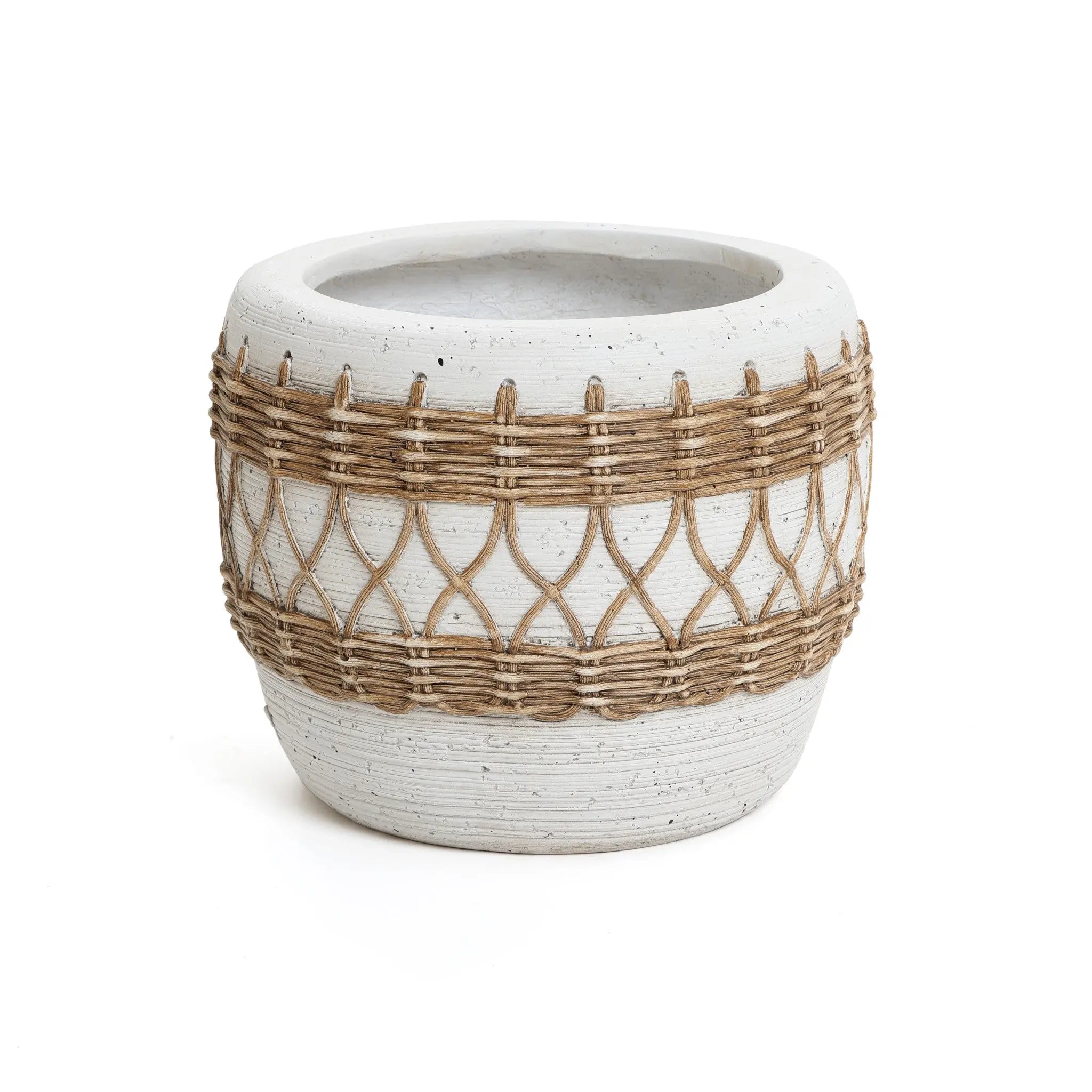 White cylindrical planter crafted from magnesium oxide, featuring a raised texture with a woven brown pattern around the center, exuding Bohemian style charm.