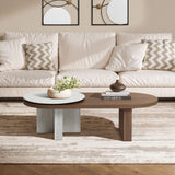 Travertine-style and walnut finish wood coffee table - LuxenHome