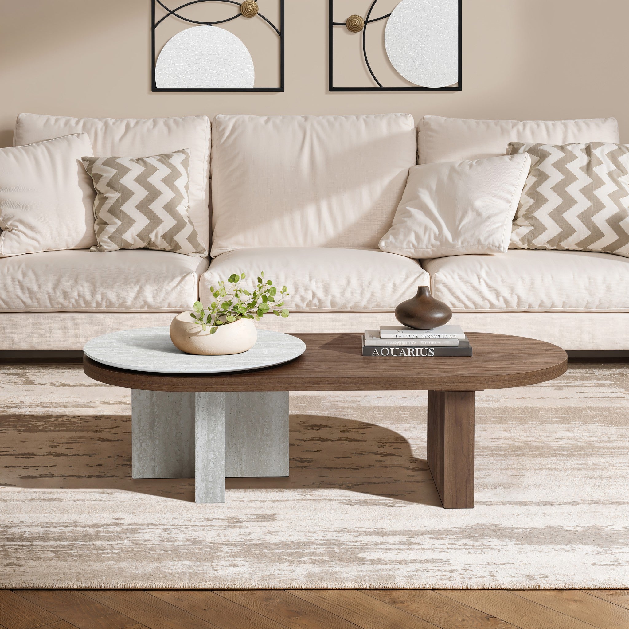Travertine-style and walnut finish wood coffee table - LuxenHome