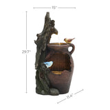 Rain barrel with tree and birds polyresin outdoor water fountains with light - LuxenHome