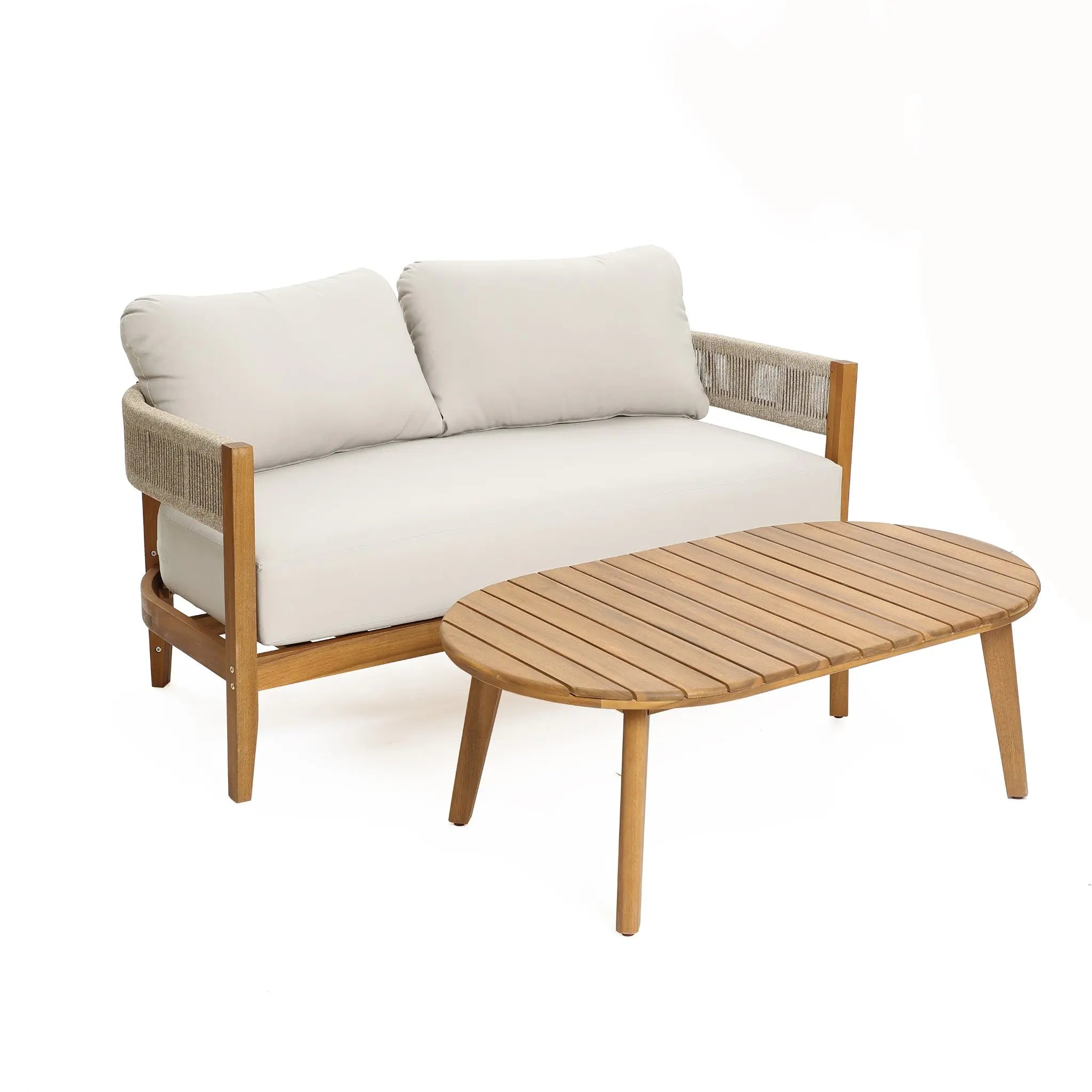 A Rope Sides Loveseat with light beige cushions pairs with a matching oval wooden coffee table, both crafted from Outdoor Acacia Wood and set against a white background.