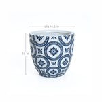 This white and blue patterned pot, crafted from durable MgO material, features intricate circular motifs. It stands 14 inches tall with a diameter of 14.6 inches, offering both beauty and practicality to any space.