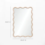 Decorative wall mirror with a wavy wooden border and a pine wood finish, measuring 39.25 inches in height and 26.25 inches in width, set against a plain white background.