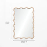 Decorative wall mirror with a wavy wooden border and a pine wood finish, measuring 39.25 inches in height and 26.25 inches in width, set against a plain white background.