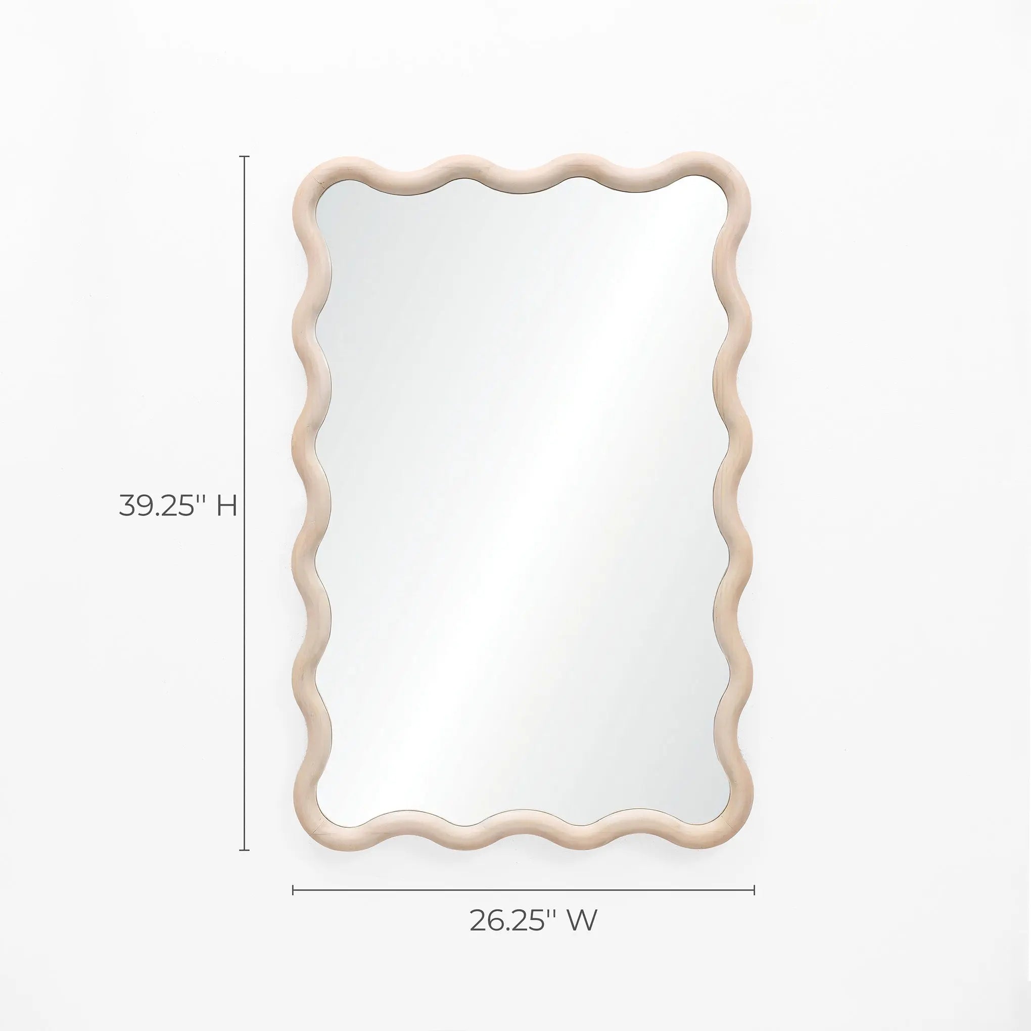 Decorative wall mirror with a wavy wooden border and a pine wood finish, measuring 39.25 inches in height and 26.25 inches in width, set against a plain white background.