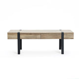 Rectangular oak finish wood coffee table with two drawers and black metal legs, photographed against a plain white background—a living room essential for modern farmhouse style.
